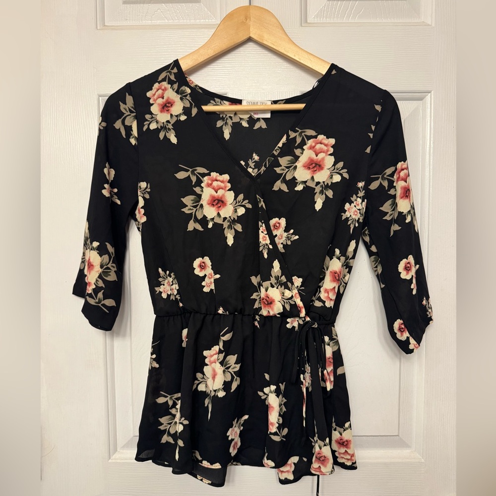 Sienna Sky Black Floral Peplum Blouse